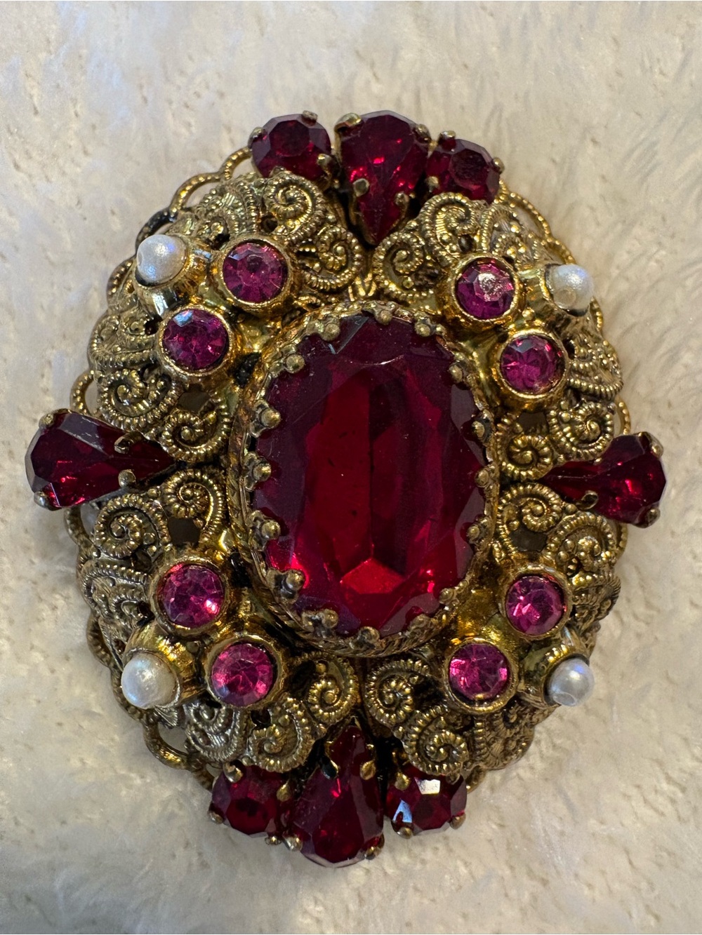Vintage-Style Gold Tone Brooch with Deep Red Glass Stones